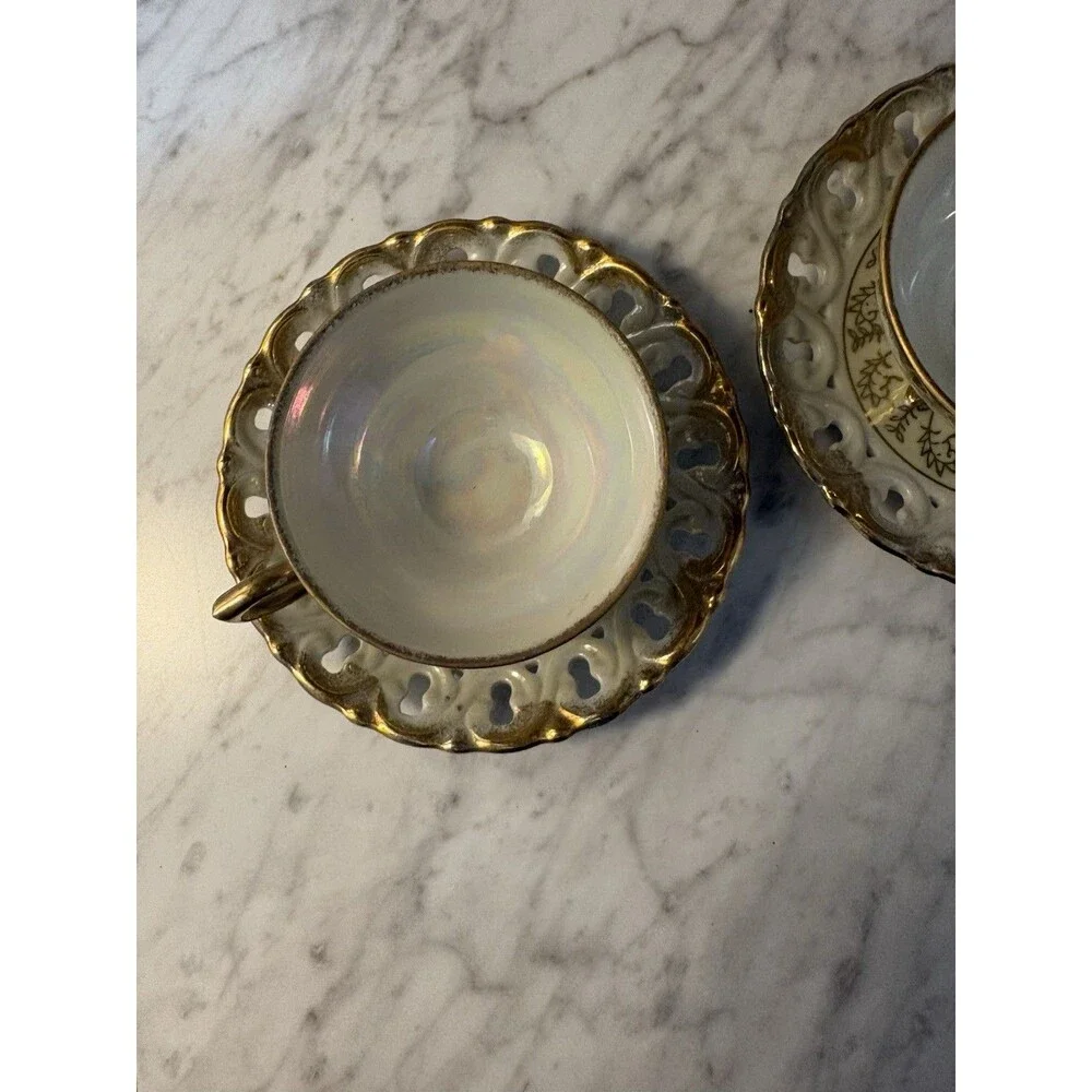 Set of 2 Vintage Yamato Lusterware Tea Cups & Pierced Saucers